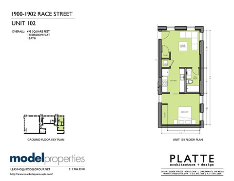 Floor plan for 1 bed, 1 bath, 495 sqft